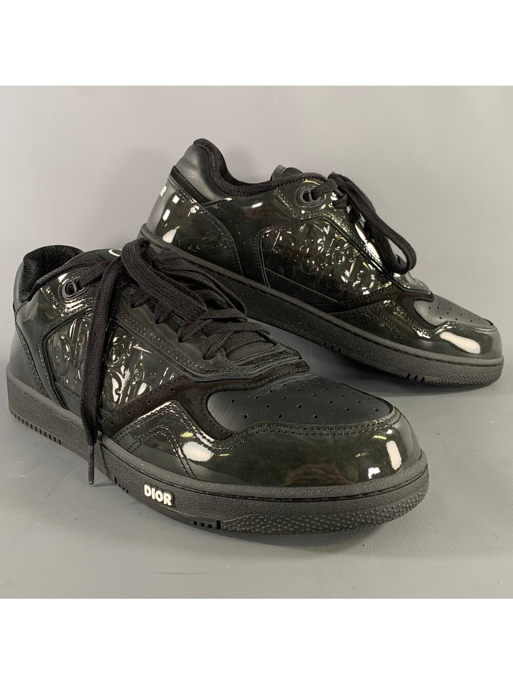 DIOR Size 10.5 Black Logo Patent Leather Low Top Sneakers